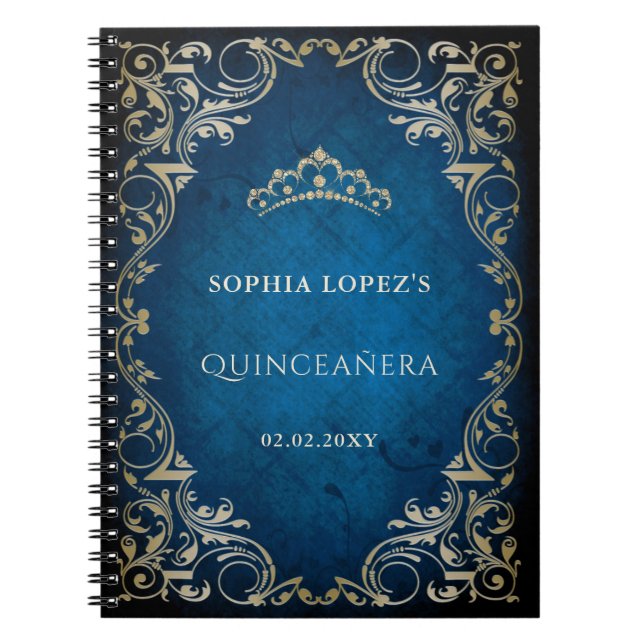 Rustic Blue Gold Princess Tiara Quinceanera  Notebook (Front)