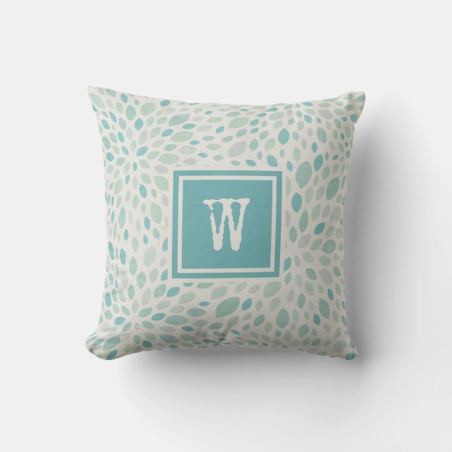 Rustic Blue Green Abstract Floral Pattern Monogram Cushion (Front)