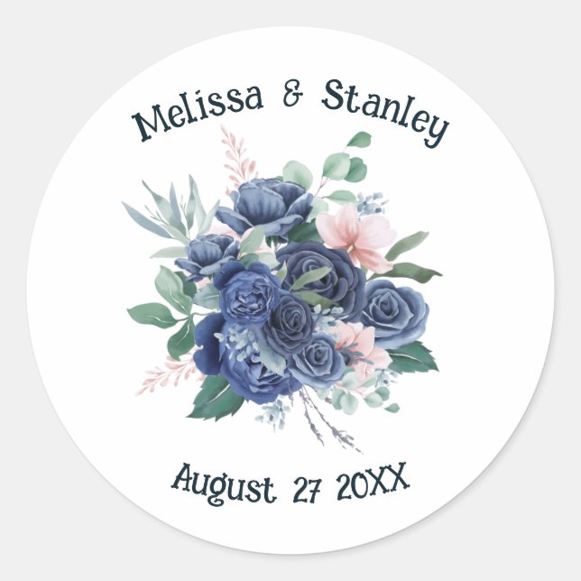 Rustic Blue Green Eucalyptus Watercolor Wedding Classic Round Sticker (Front)