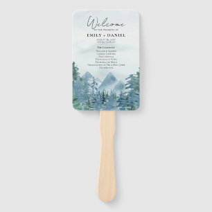 Rustic Blue-Green Mountains Wedding Program Hand Fan