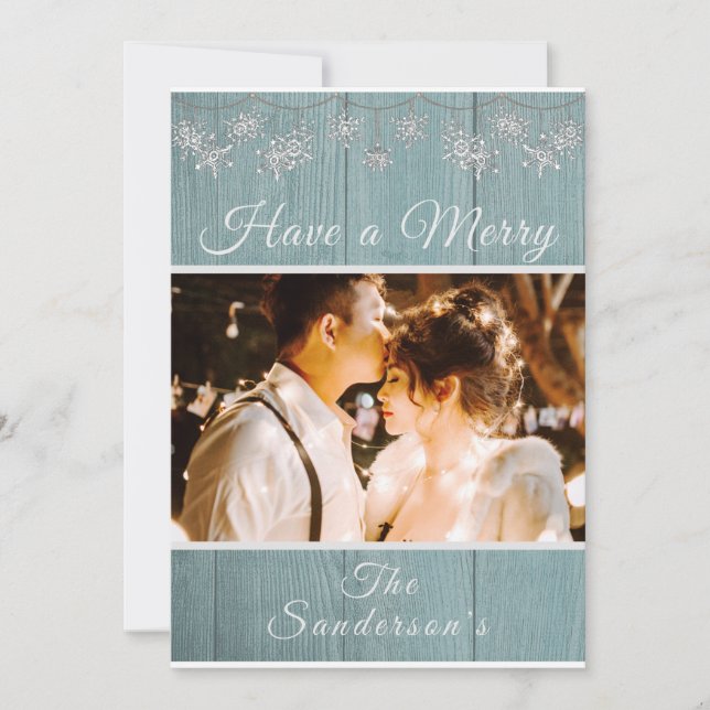 Rustic Blue green Photo Christmas  Holiday Card (Front)