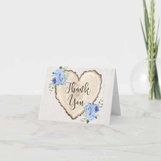 Rustic blue greenery floral woodland hearts thank you card (Front)