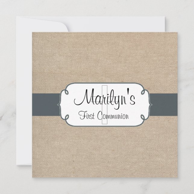 Rustic Blue Grey and Beige Burlap First Communion Invitation (Front)