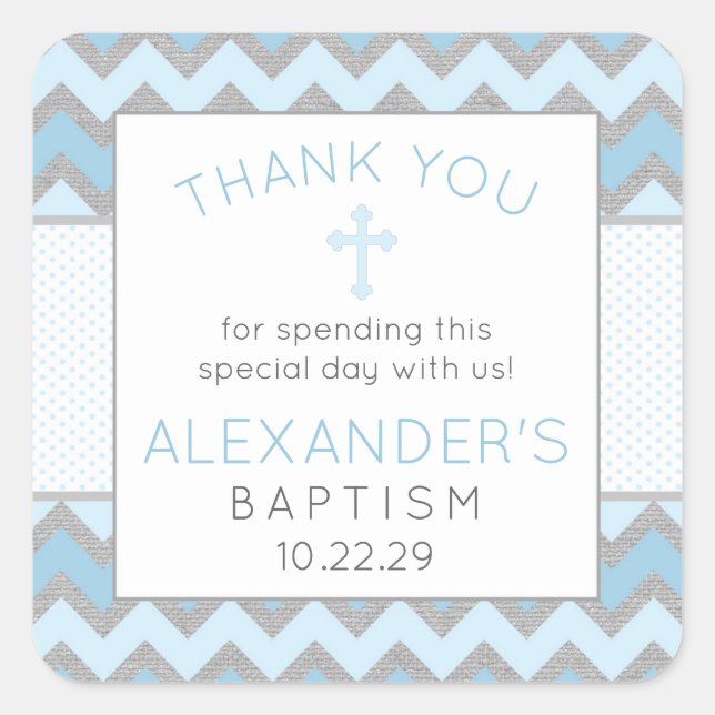 Rustic Blue Grey Baptism thank you favour sticker (Front)