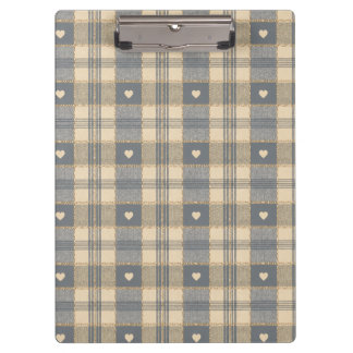 Rustic Blue Grey Plaid with Cream Hearts Pattern Clipboard