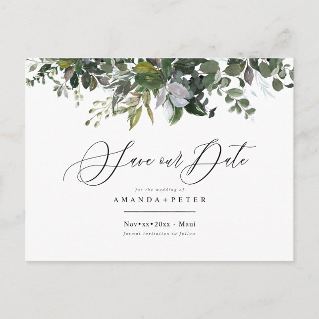 Rustic Blue Gum Eucalyptus, Greenery Save the Date Postcard (Front)
