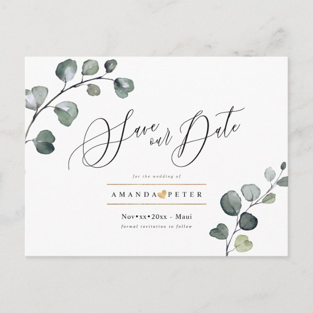 Rustic Blue Gum Foliage Save the Date Postcard (Front)