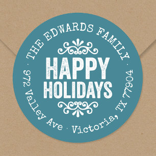Rustic Blue Holiday Circle Return Address Label
