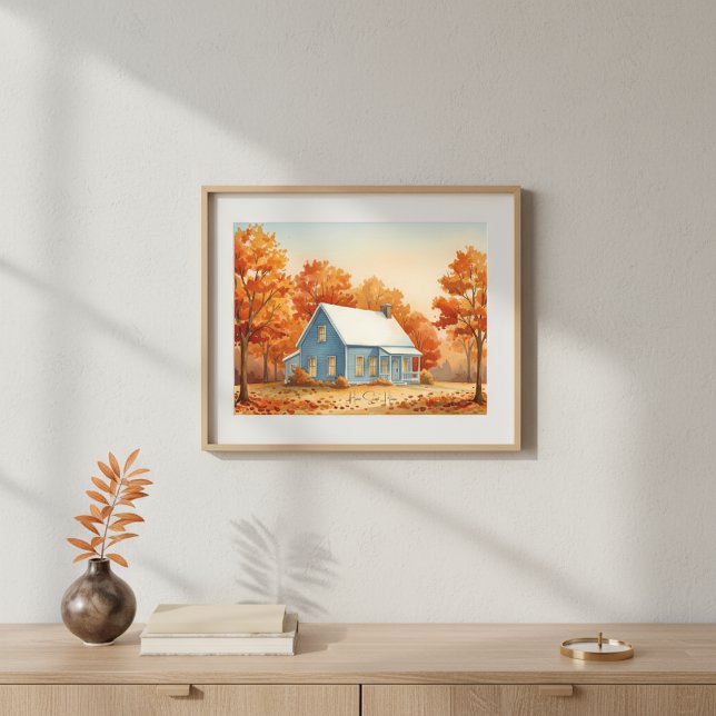 Rustic Blue House in Autumn Forest Watercolor Poster (Creator Uploaded)