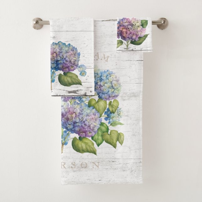 Rustic Blue Hydrangea Blooms Wood Names Monogram Bath Towel Set (Insitu)