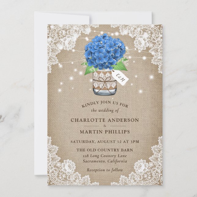 Rustic Blue Hydrangea Burlap Lace Wedding Invitation (Front)