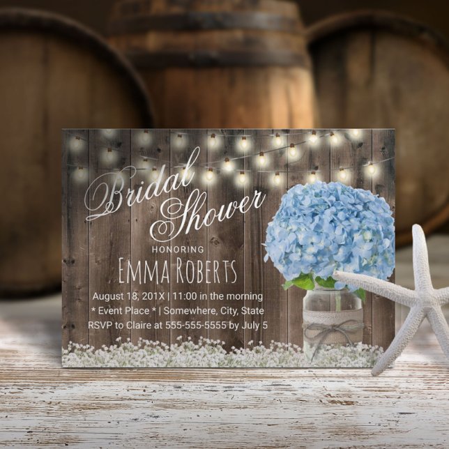 Rustic Blue Hydrangea Floral Jar Bridal Shower Invitation (Creator Uploaded)