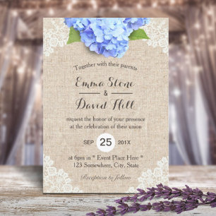 Rustic Blue Hydrangea Floral Lace & Burlap Wedding Invitation