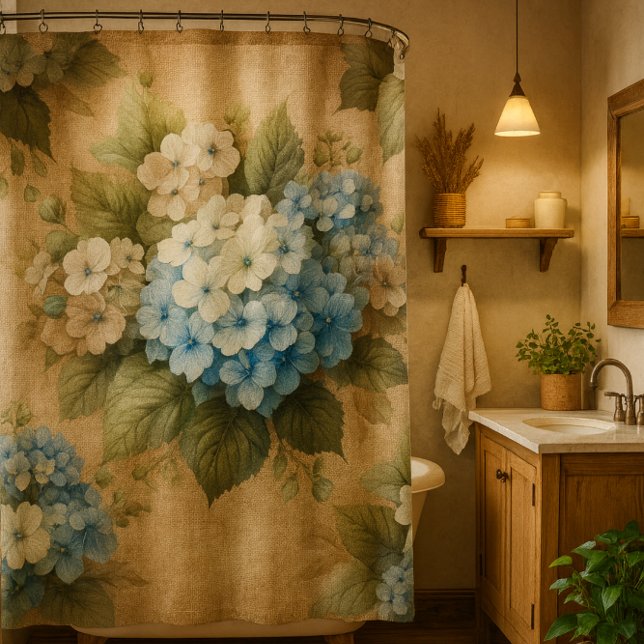 Rustic Blue Hydrangea  Floral Shower Curtain (Rustic burlap and hydrangea floral shower curtain mockup )