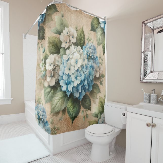 Rustic Blue Hydrangea  Floral Shower Curtain (In Situ)