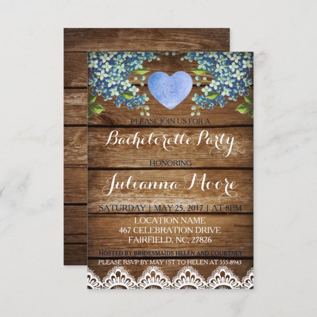 Rustic Blue Hydrangea/Lace Bachelorette Party Card (Front/Back)