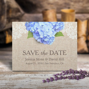 Rustic Blue Hydrangea Lace & Burlap Save the Date Announcement Postcard