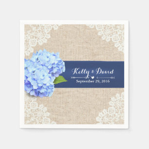 Rustic Blue Hydrangea Lace & Burlap Wedding Napkin