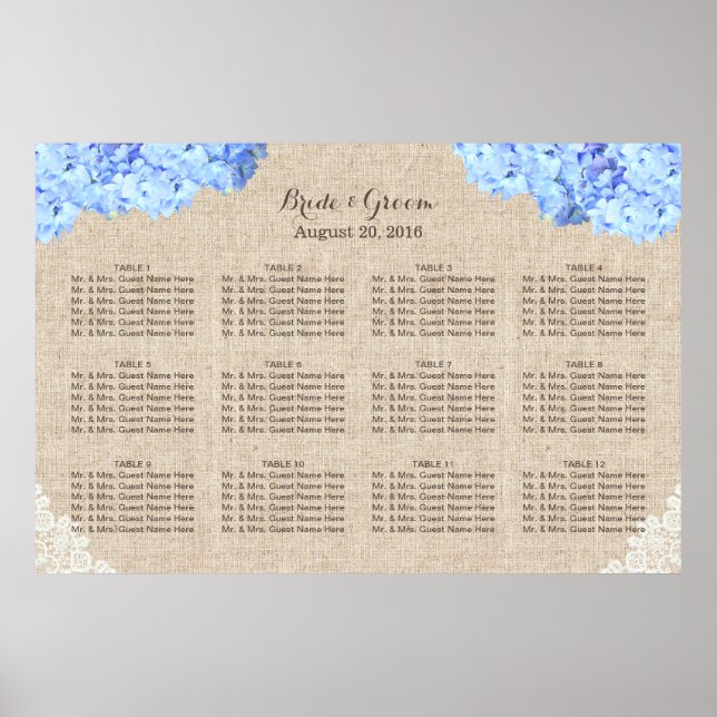Rustic Blue Hydrangea Lace Burlap Wedding Seating Poster (Front)