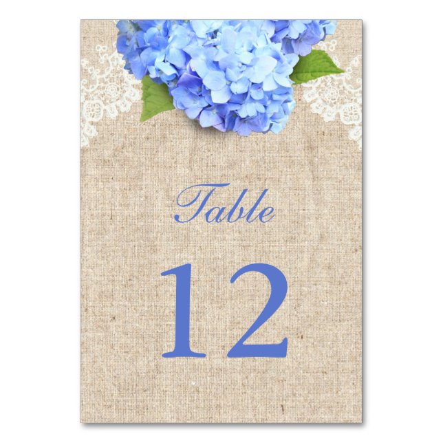 Rustic Blue Hydrangea Lace & Burlap Wedding Table Table Number (Front)
