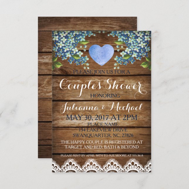 Rustic Blue Hydrangea & Lace Couple's Shower Card (Front/Back)