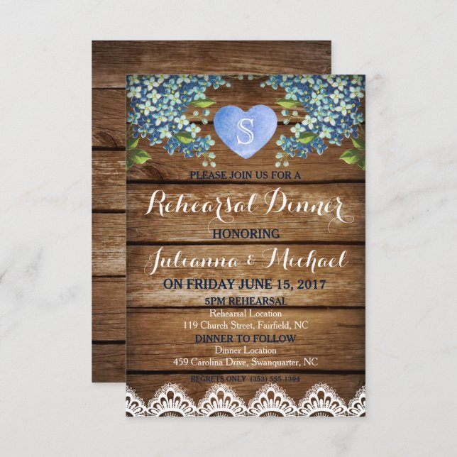 Rustic Blue Hydrangea & Lace Rehearsal Dinner Card (Front/Back)