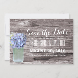 Rustic Blue Hydrangea Mason Jar Wood Save the Date
