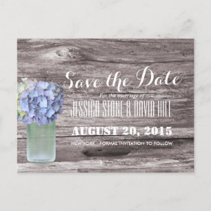 Rustic Blue Hydrangea Mason Jar Wood Save the Date Announcement Postcard