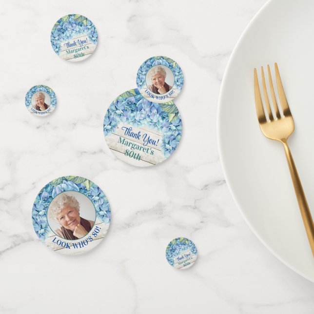 Rustic Blue Hydrangea Photo 80th Birthday Confetti (Group)