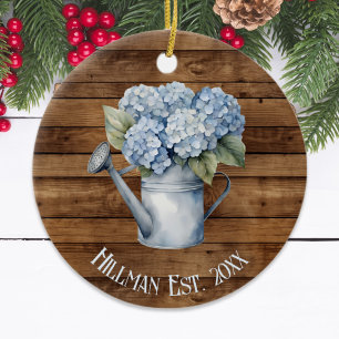 Rustic Blue Hydrangea Watering Can Personalised Ceramic Tree Decoration