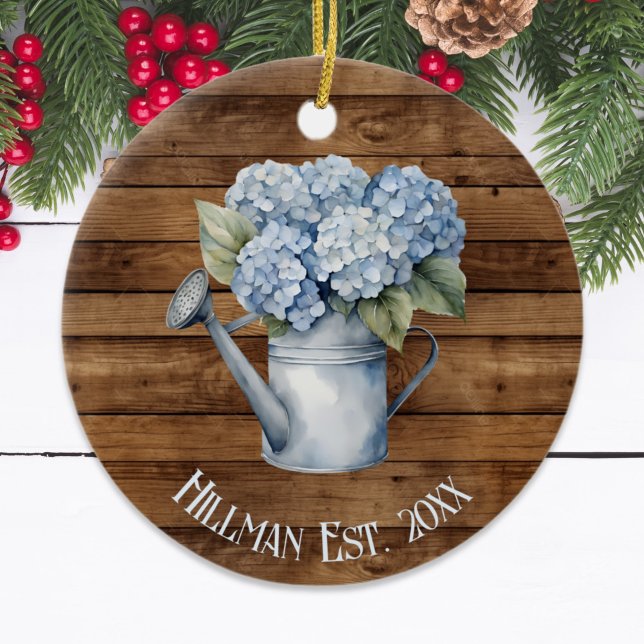 Rustic Blue Hydrangea Watering Can Personalised  Ceramic Tree Decoration (Rustic Blue Hydrangea Watering Can Personalized Ceramic Ornament
)