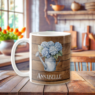 Rustic Blue Hydrangea Watering Can Personalised Coffee Mug