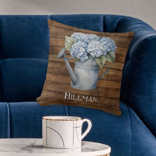 Rustic Blue Hydrangea Watering Can Personalised Cushion