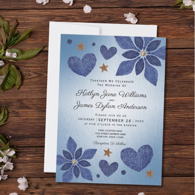 Rustic Blue Jean Denim Flowers Country Wedding Invitation (Front Of Wedding Invitation)