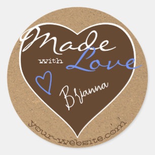 Rustic Blue Kraft Paper Made with Love Heart Shape Classic Round Sticker