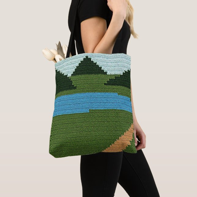 Rustic Blue Lake Hills Green Artisan Crochet Print Tote Bag (Close Up)