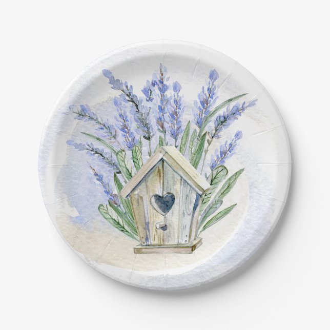 Rustic Blue Lavender Birdhouse Floral Paper Plate (Front)