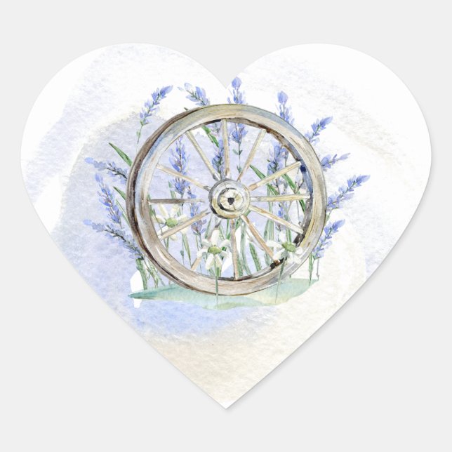 Rustic Blue Lavender Wagon Wheel Floral Heart Sticker (Front)