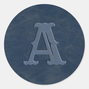 Rustic Blue Leather Texture Monogram Initial Classic Round Sticker