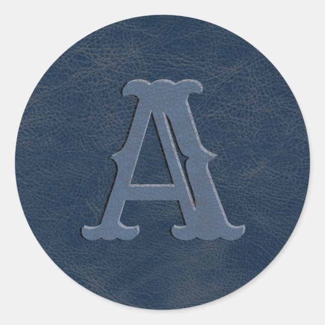 Rustic Blue Leather Texture Monogram Initial Classic Round Sticker (Front)