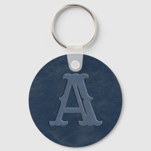 Rustic Blue Leather Texture Monogram Initial Key Ring