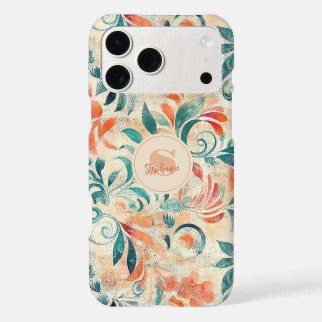 Rustic Blue Leaves and Red-Orange Floral Pattern (Back)