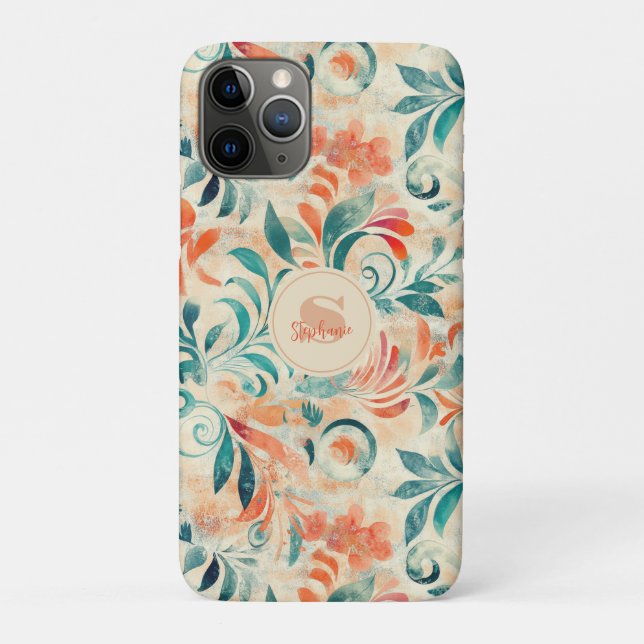 Rustic Blue Leaves and Red-Orange Floral Pattern Case-Mate iPhone Case (Back)