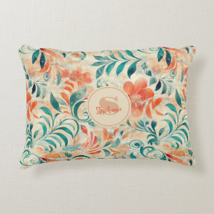 Rustic Blue Leaves and Red-Orange Floral Pattern Decorative Cushion