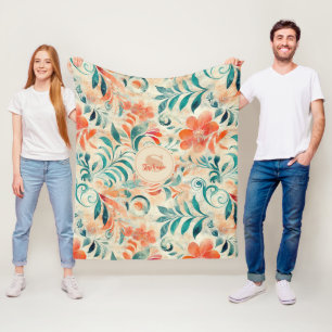 Rustic Blue Leaves and Red-Orange Floral Pattern Fleece Blanket