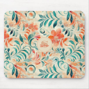 Rustic Blue Leaves and Red-Orange Floral Pattern Mouse Mat