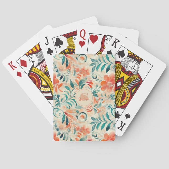 Rustic Blue Leaves and Red-Orange Floral Pattern Playing Cards (Back)