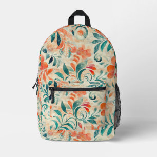 Rustic Blue Leaves and Red-Orange Floral Pattern Printed Backpack