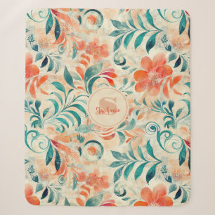 Rustic Blue Leaves and Red-Orange Floral Pattern Sherpa Blanket