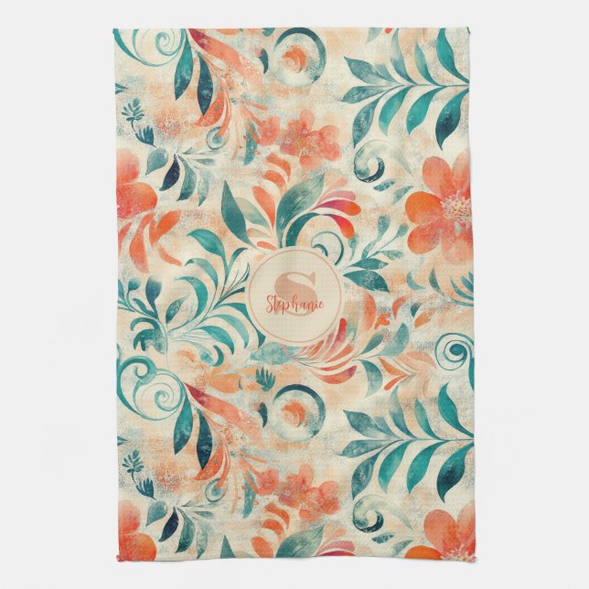 Rustic Blue Leaves and Red-Orange Floral Pattern Tea Towel (Vertical)